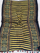 Load image into Gallery viewer, Ajrakh Modal Silk Striped Yellow Green
