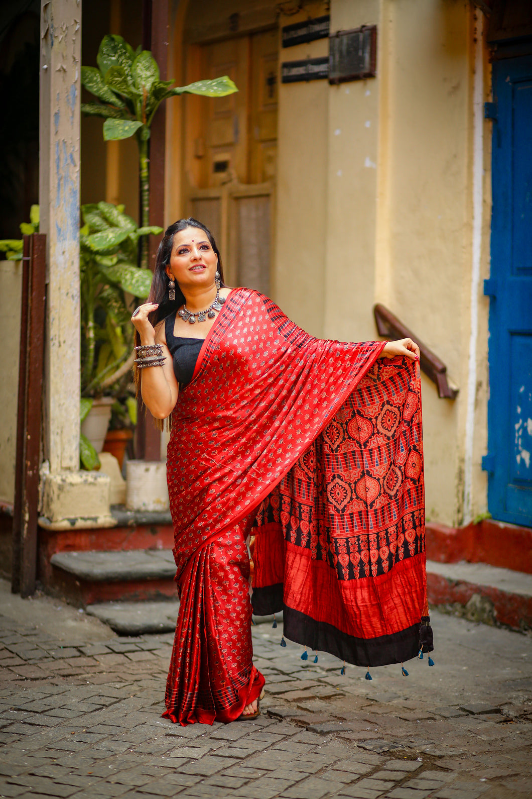 Ajrakh Modal Silk Red Tissue Pallu Saree