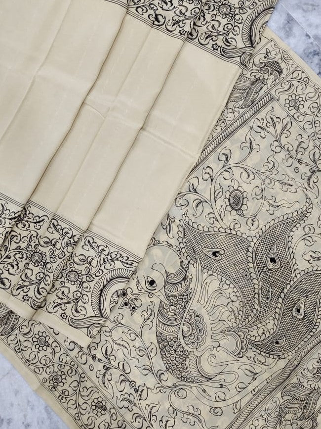 Chenoori Silk Pen kalamkari - Off White and Black