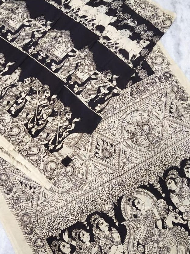 Chenoori Silk Pen Kalamkari - Off White and Black