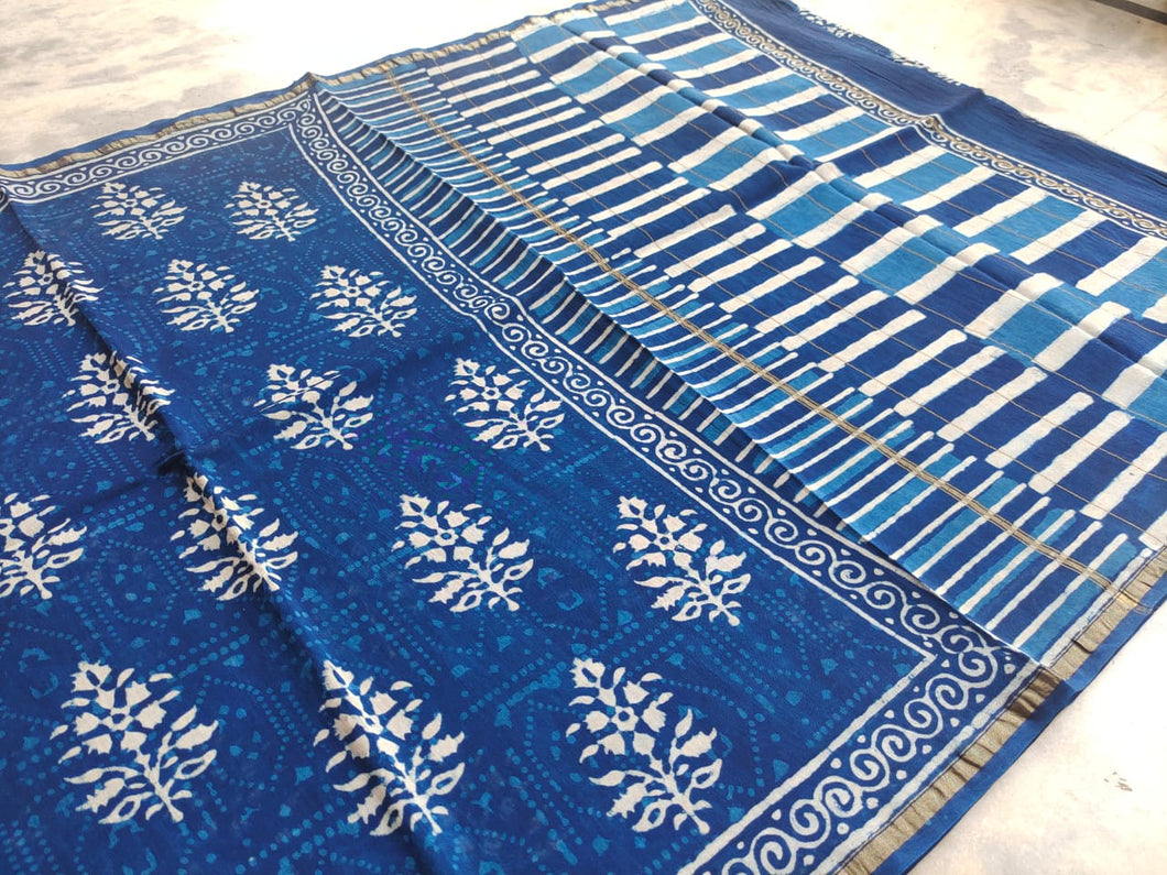 Indigoness - Dabu Hand Block Printed Chanderi Silk Saree