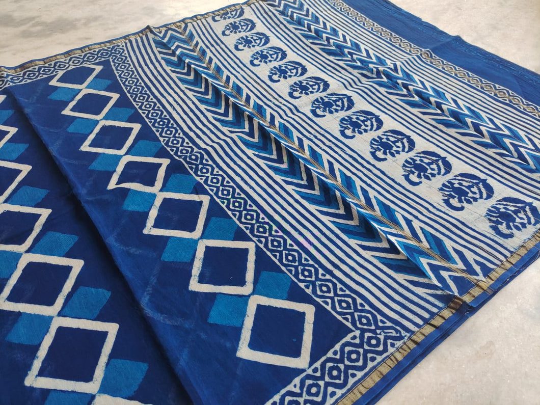 Indigoness - Dabu Hand Block Printed Chanderi Silk Saree