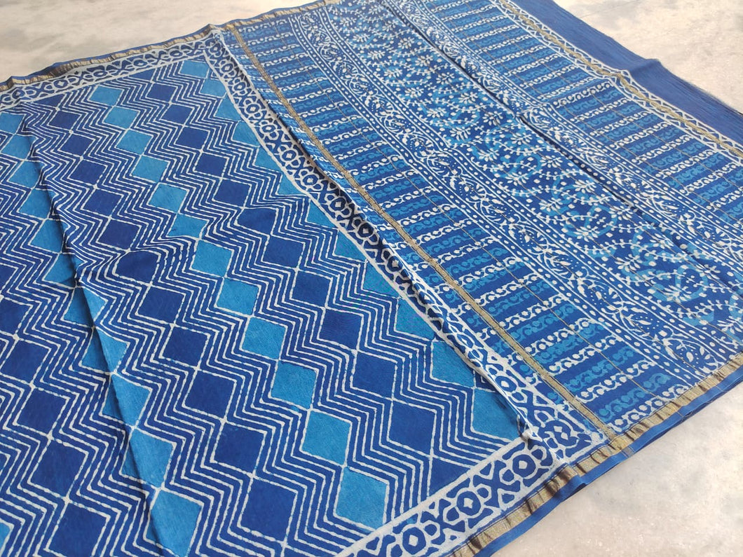 Indigoness - Dabu Hand Block Printed Chanderi Silk Saree