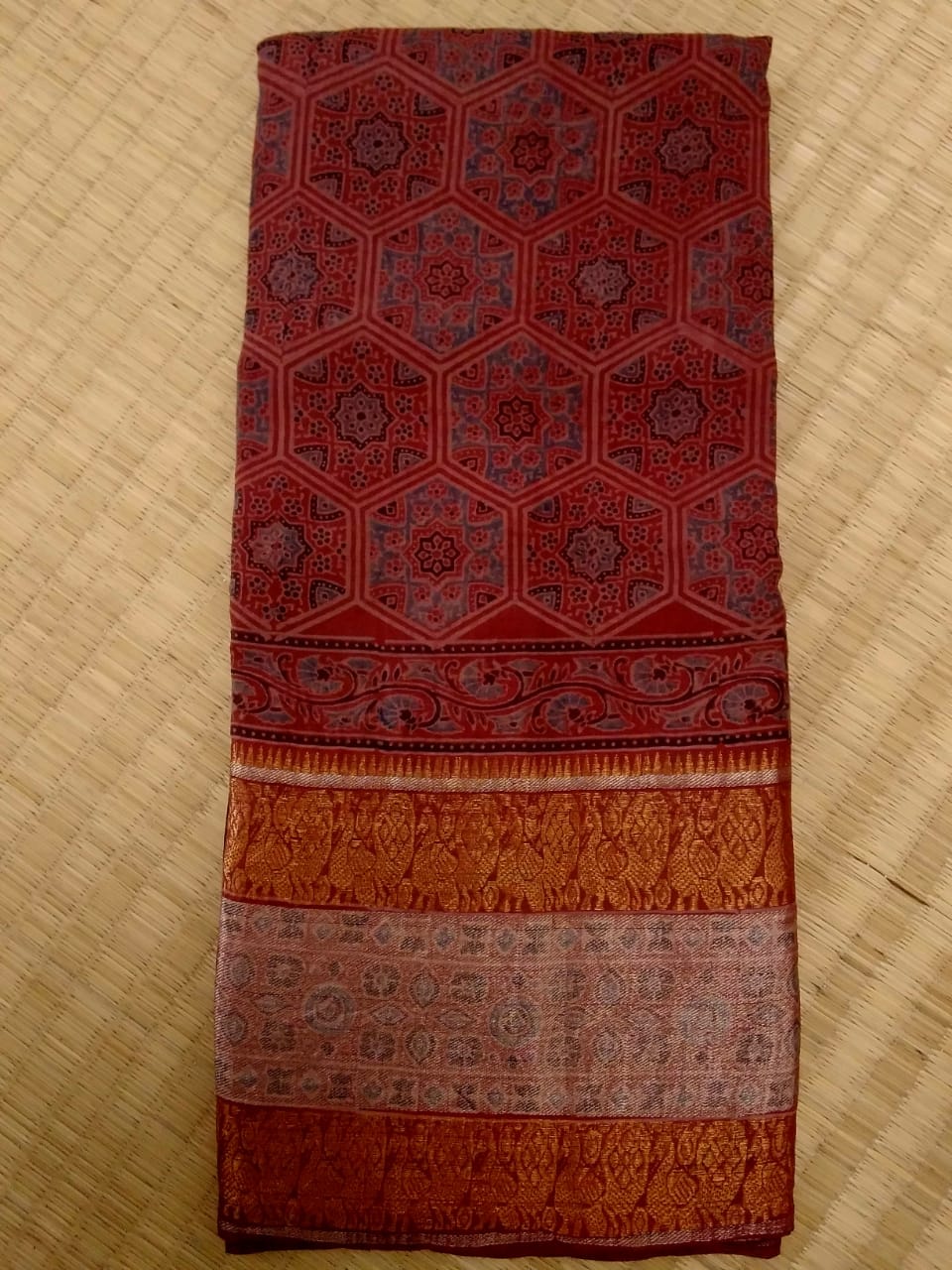 Kanchi Border Reddish Maroon - Ajrakh Hand Block Printed Mangalgiri Pure Silk Cotton Saree