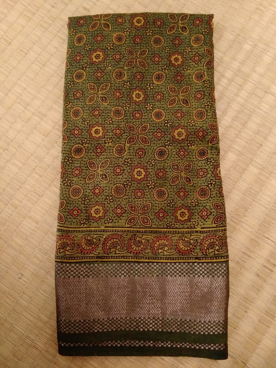 Kanchi Border Green - Ajrakh Hand Block Printed Mangalgiri Pure Silk Cotton Saree