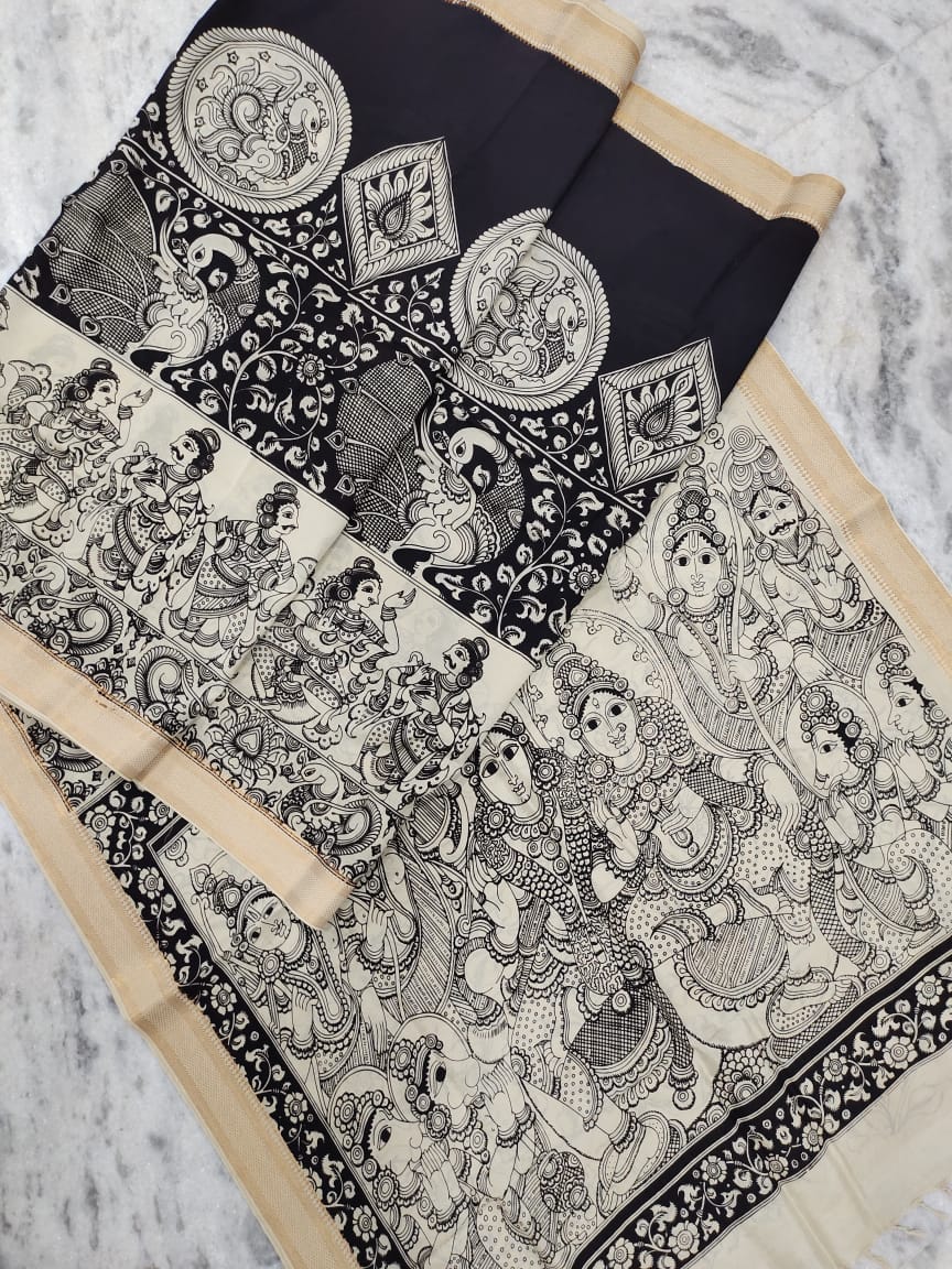 Bangalore Silk Pen Kalamkari - Off white & Black